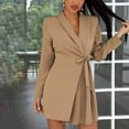 thumbnail image 4 of Fesfesfes Ladies Dress Spring Fall V-Neck Solid Color Temperament Long Sleeve Lace-Up Pleated Blazer Dress Plus Size $10, 4 of 9