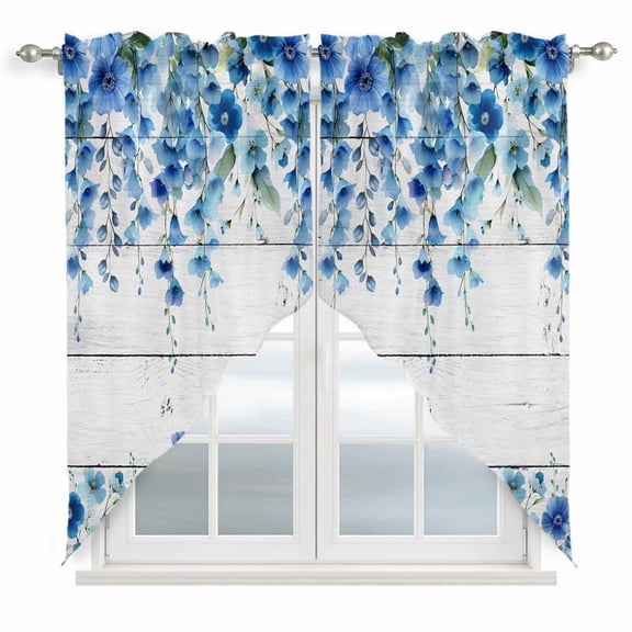 Spring Blue Floral Swag Curtains for Kitchen/Bedroom/Living Room, Farmhouse Weeping Floral Leaves Wood Scalloped Curtains 63 Inch Long, Window Swag Topper Curtains Valances 2 Panels Set 36"x63"