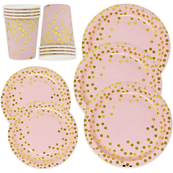 Pink and Gold Dot Party Supplies Set for 50 Guest Gold Metallic Foil Dots on Pink 50 9" Paper Dinner Plates 50 7" Dessert Plate 50 9 oz Cups for Baby Shower Birthday Disposable Dinnerware
