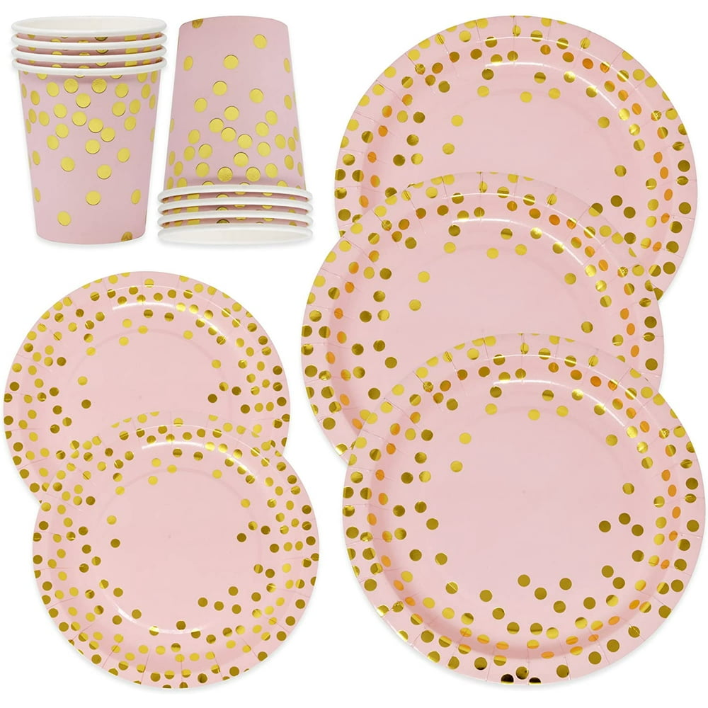 Pink and Gold Dot Party Supplies Set for 50 Guest Gold Metallic Foil ...