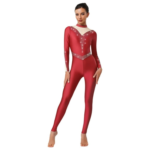 Zaldita Women's Rhinestones Long Sleeve Gymnastics Unitard Full Length Figure Ice Skating Jumpsuit Red XL