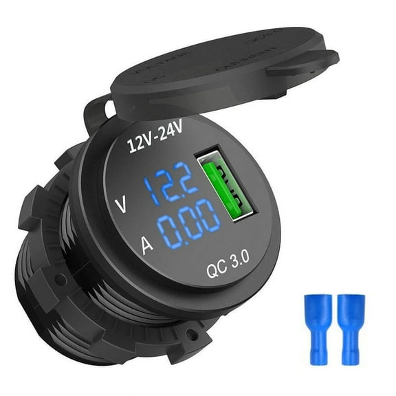 12V / 24V Fast Charging 3.0 Car Lighter Socket Usb Charger Led Voltmeter Ammeter Black & Blue