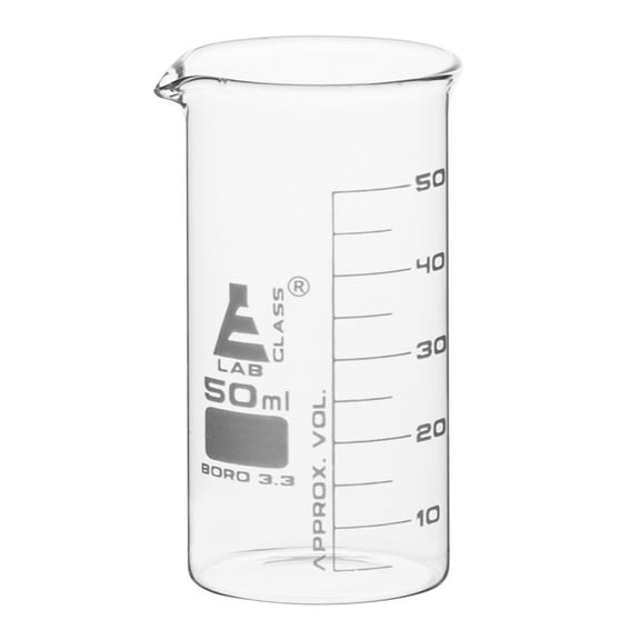 Beaker, 50ml - Tall Form with Spout - White, 5ml Graduations - Borosilicate 3.3 Glass - Eisco Labs