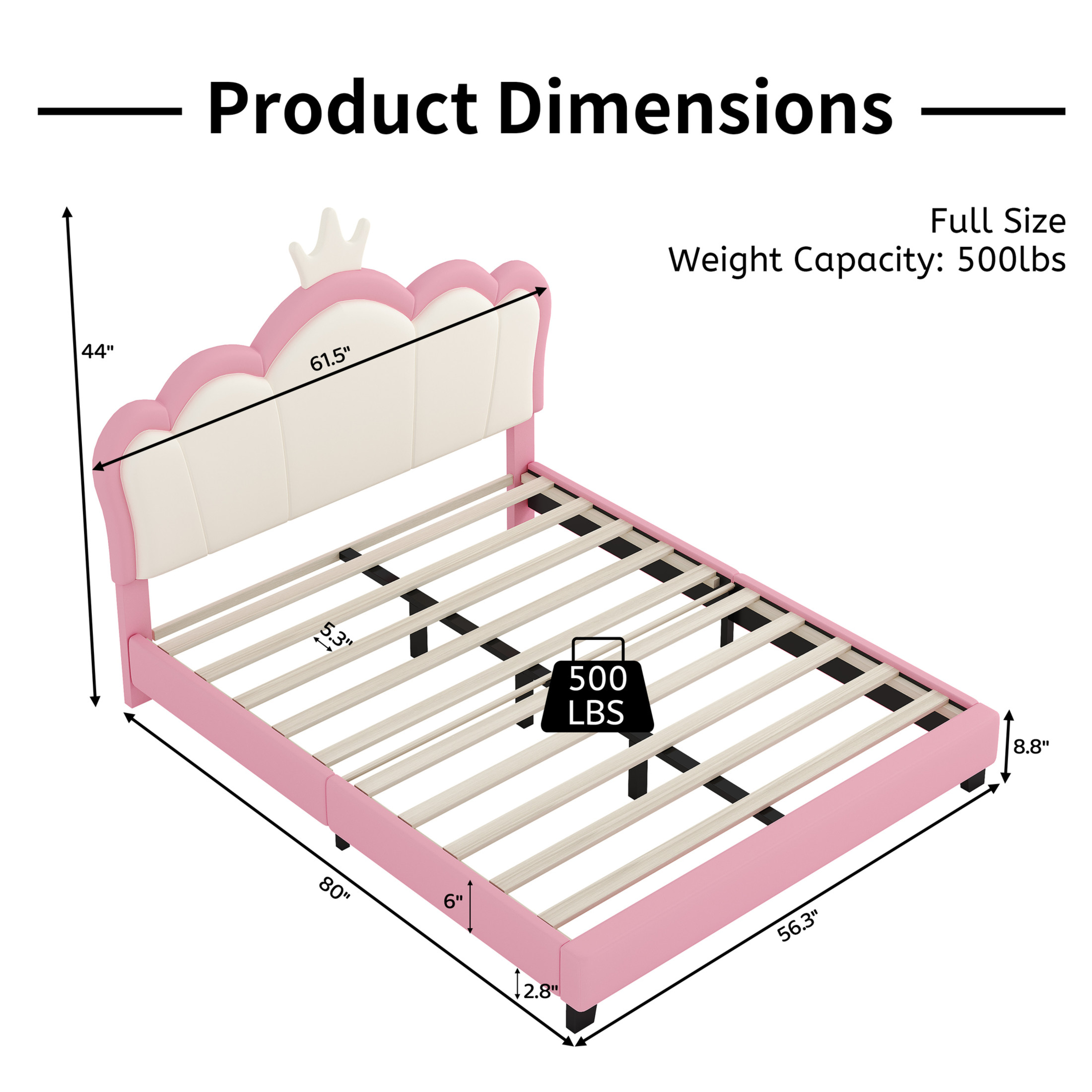 Noble House Full Size Upholstered Princess Bed with Crown Headboard, Fairy-Tale Platform Bed, Cream + Pink