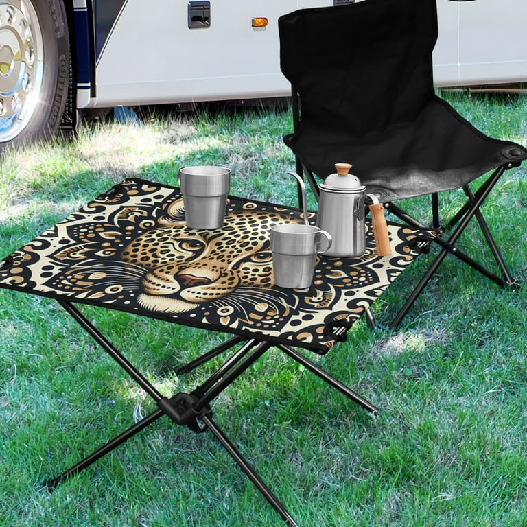Leopard with Boho Pattern Camping Folding Table Portable Beach Table with Storage Bag Compact Picnic Table for Outdoor Travel Fishing BBQ