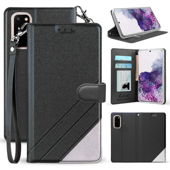 Case for Galaxy S20 Plus, [Black] Infolio Wallet Credit Card Slot ID Cover, View Stand [with Wrist Strap Lanyard] for Samsung Galaxy S20 