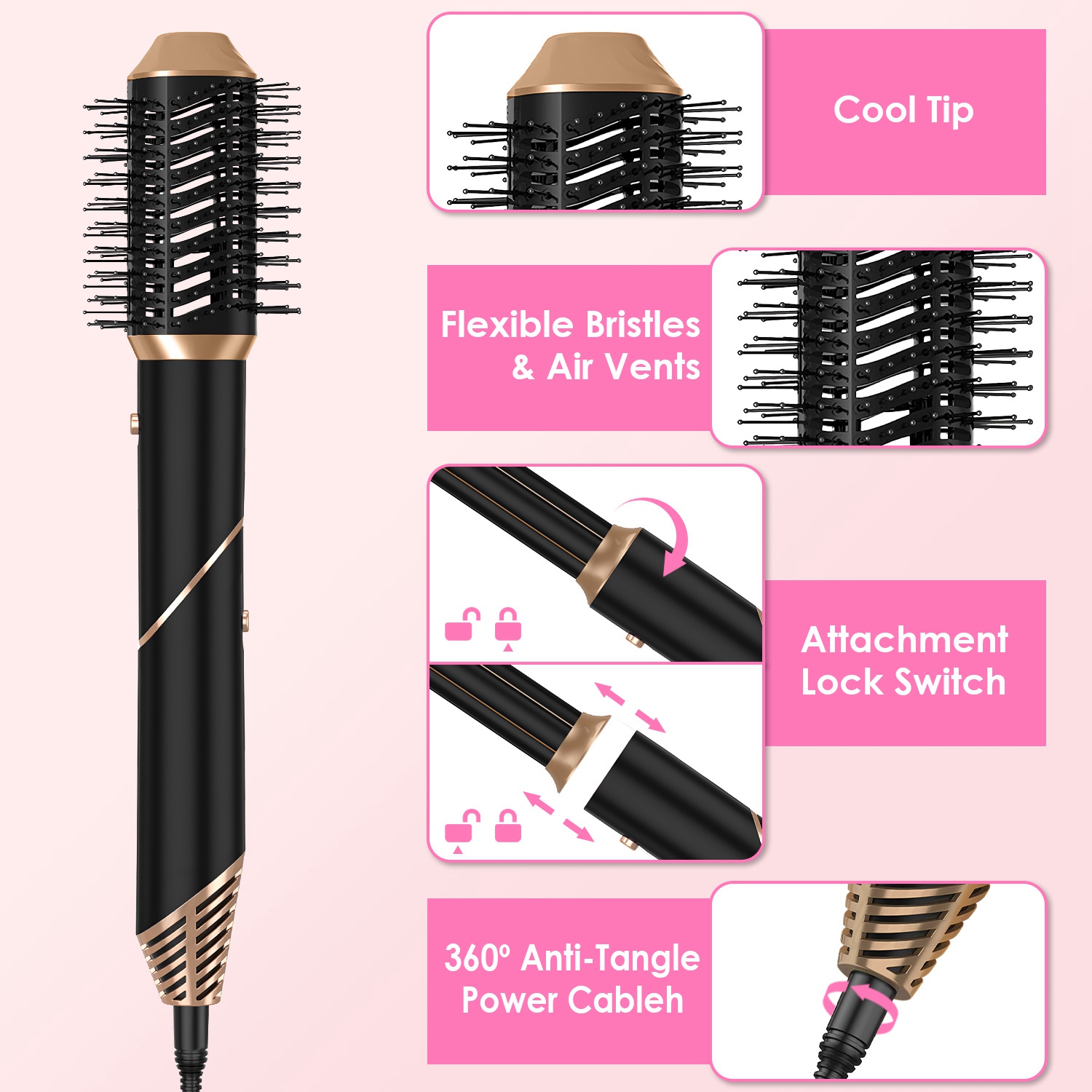 Moclever 5 in 1 Hot Air Styler Straightener Curler Dryer Automatic Wrap Styler Hair Dryer Brush Set, Black