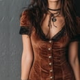 thumbnail image 2 of Morttic Women‘s Sexy Deep V-Neck Lace Velvet Slim Fit Short Sleeve Mini Bodycon Dress with Buttons & Ruffle Hem Brown，S, 2 of 5