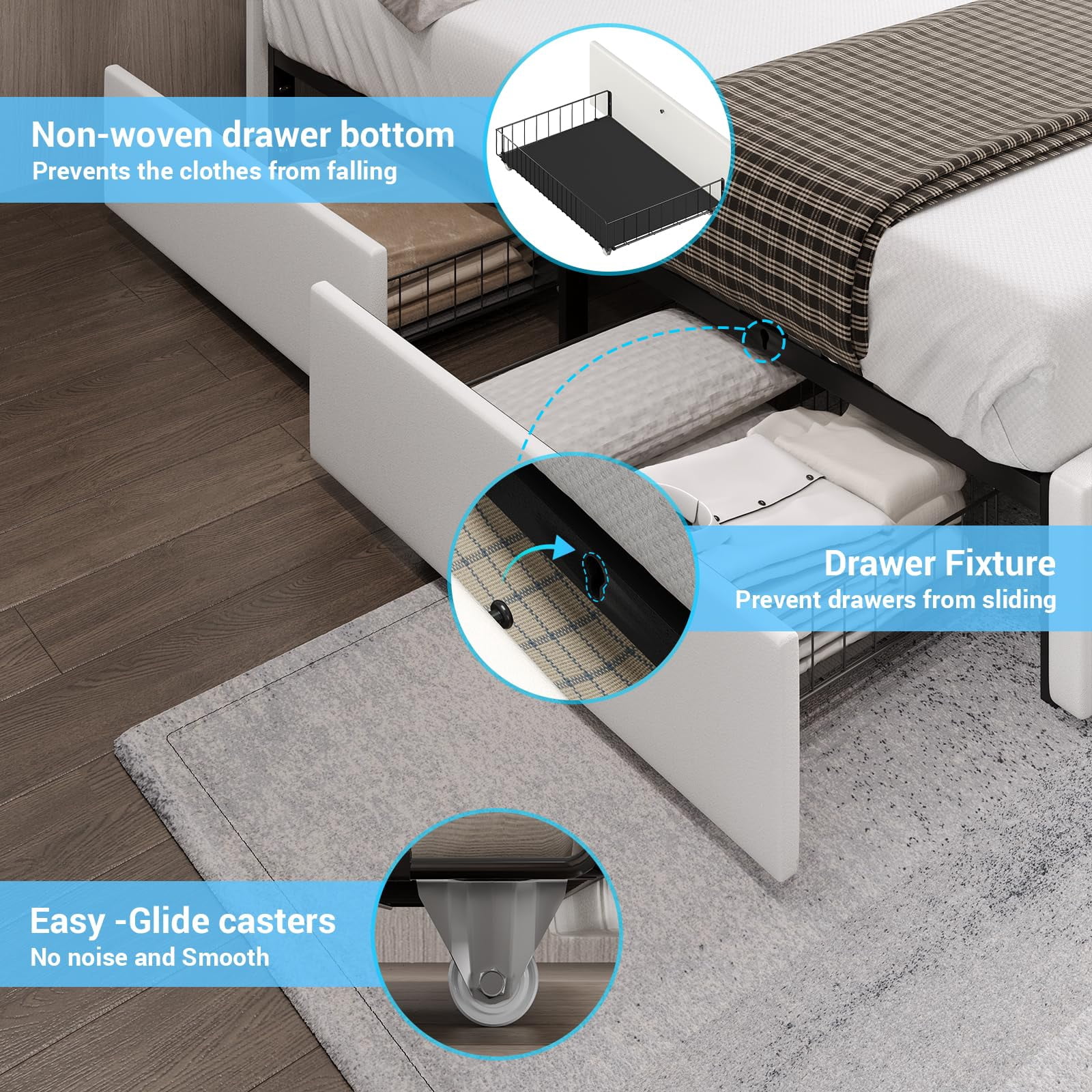 California King Bed Frame with 4 Storage Drawers & USB Ports & LED Headboard, Faux Leather Upholstered Platform Bed Frame with 3 Side Light Strip, No Spring Needed, White