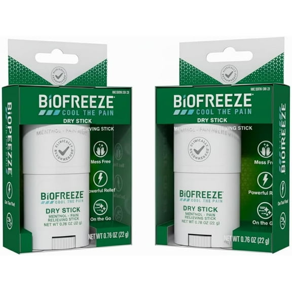 Biofreeze Dry Stick, Mess-Free Relief for Neck, Shoulder, Knee, Hip, Hand & Joint, Cooling Menthol Pain Relief Stick, 100  Uses (Pack of 2)