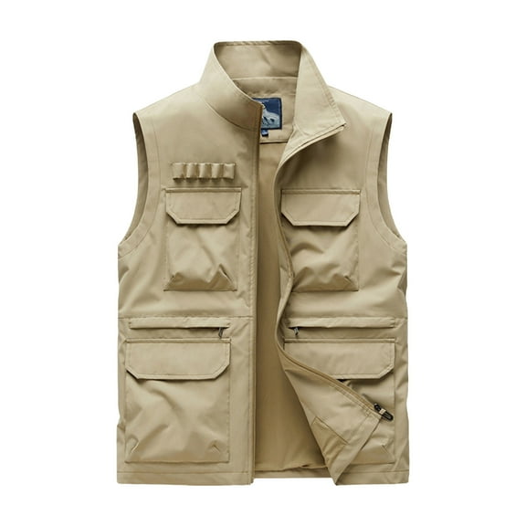 ZQUUVOU Men's Outdoor Fishing Vest Photography Utility Vest Solid Stand Collar Multi-Pocket for Outdoor ing Jacket Khaki