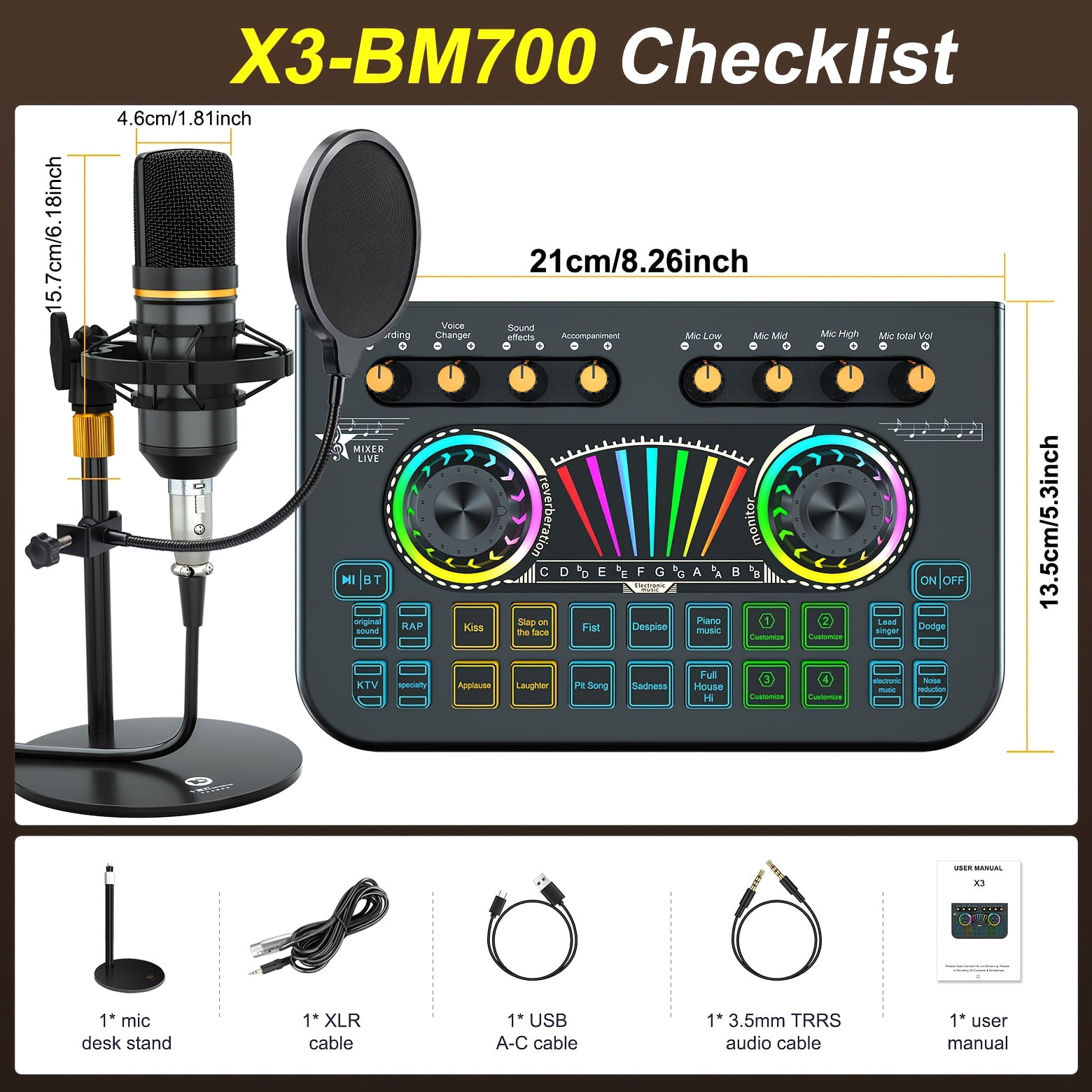 Professional Mic Mixer Set for Podcast Singing Gaming DJ - Studio Recording Controller with Wireless Microphone, Karaoke Machine & Dynamic Condenser Mic