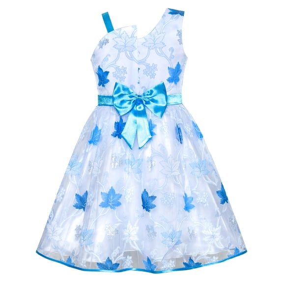 Girls Dress One-shoulder Blue Maple Leaf Pageant Wedding 6 Years