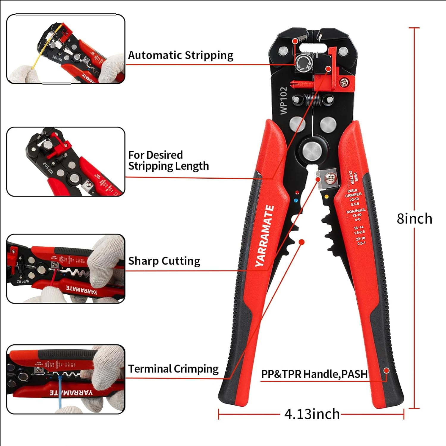 YARRAMATE 10-24 AWG Self Adjusting Wire Stripper/Wire Crimper/Wire Cutter - 3 in 1 Automatic Universal Wire Stripping Tool | Multifunctional Wire stripper and Crimping Tool, 8 Inch