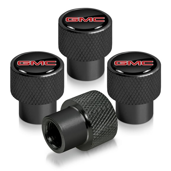 GMC Red Logo in Black on Black Aluminum Tire Valve Stem Caps