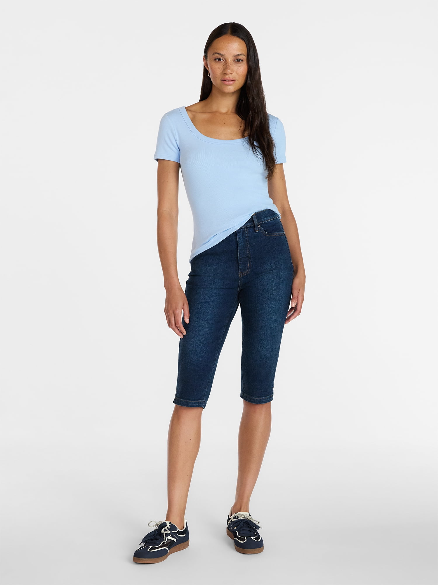 Time and Tru Women's Mid Rise Stretch Denim Capri Pants, 16.5" Inseam, Sizes 0-20