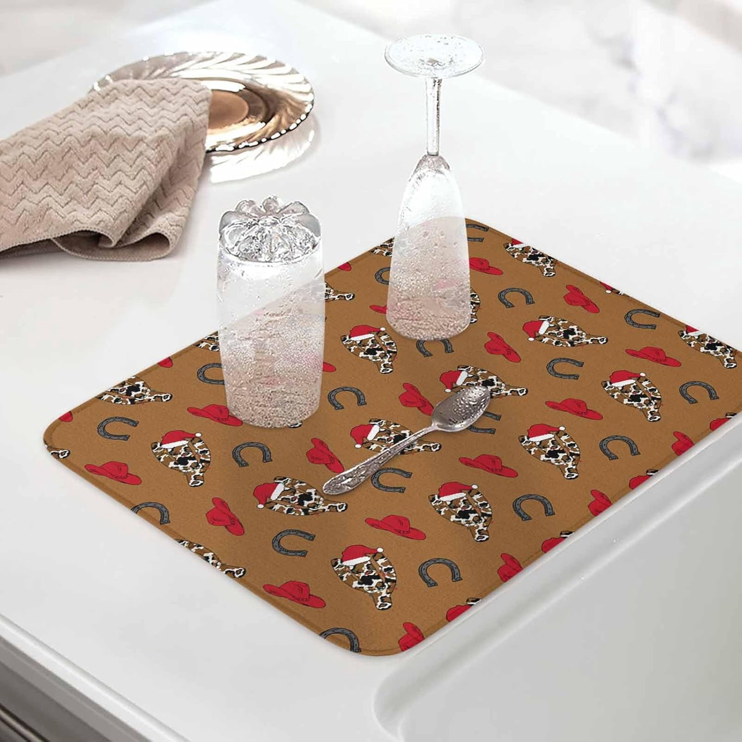 Cowboy Christmas Dish Drying Mat for Kitchen Counter, Western Brown Cactus Xmas Red Baby Bottle Microfiber Drying Pad, Absorbent Coffee Cup Dishes Drainer Mats 16"x18", 2 Pcs