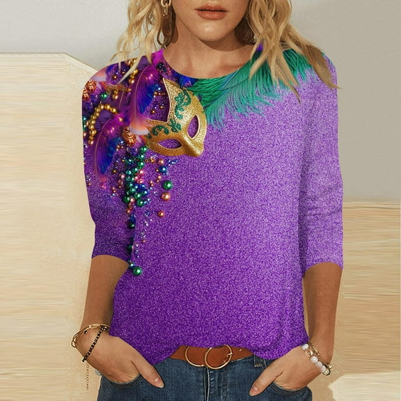 SOOMLON Mardi Gras Blouses for Women Tuesday Shirts Carnival Themed Party 3/4 Sleeve Outfits Funny Mask Graphic Tshirts Casual Crewneck Tops New Orleans Parade Pullovers 2025 Blue XL