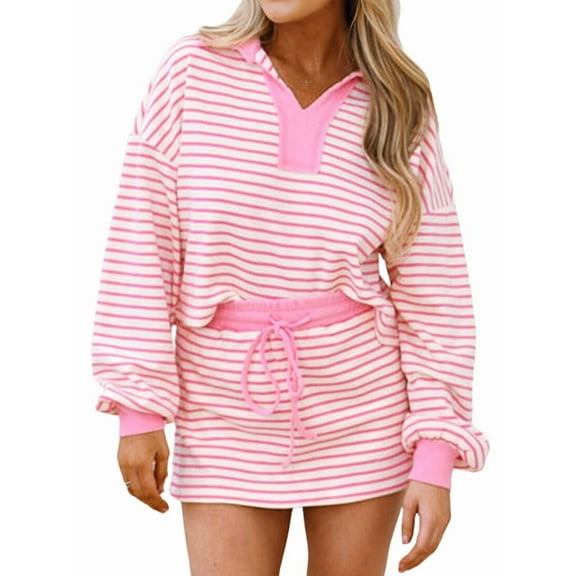 Womens Striped 2 Piece Outfits Casual Sweatshirt Skirt Set Long Sleeve Matching Lounge Sets Pink XL