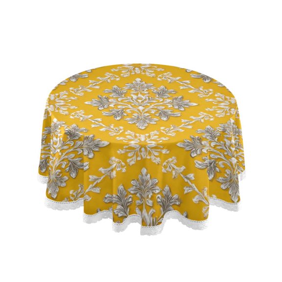 Round Single Sided Printed Tablecloth, 60 Inch Polyester Round Table Cover with White Lace Trim, Wrinkle Resistant Decorative Table Cloth for Home Yellow Scroll Pattern