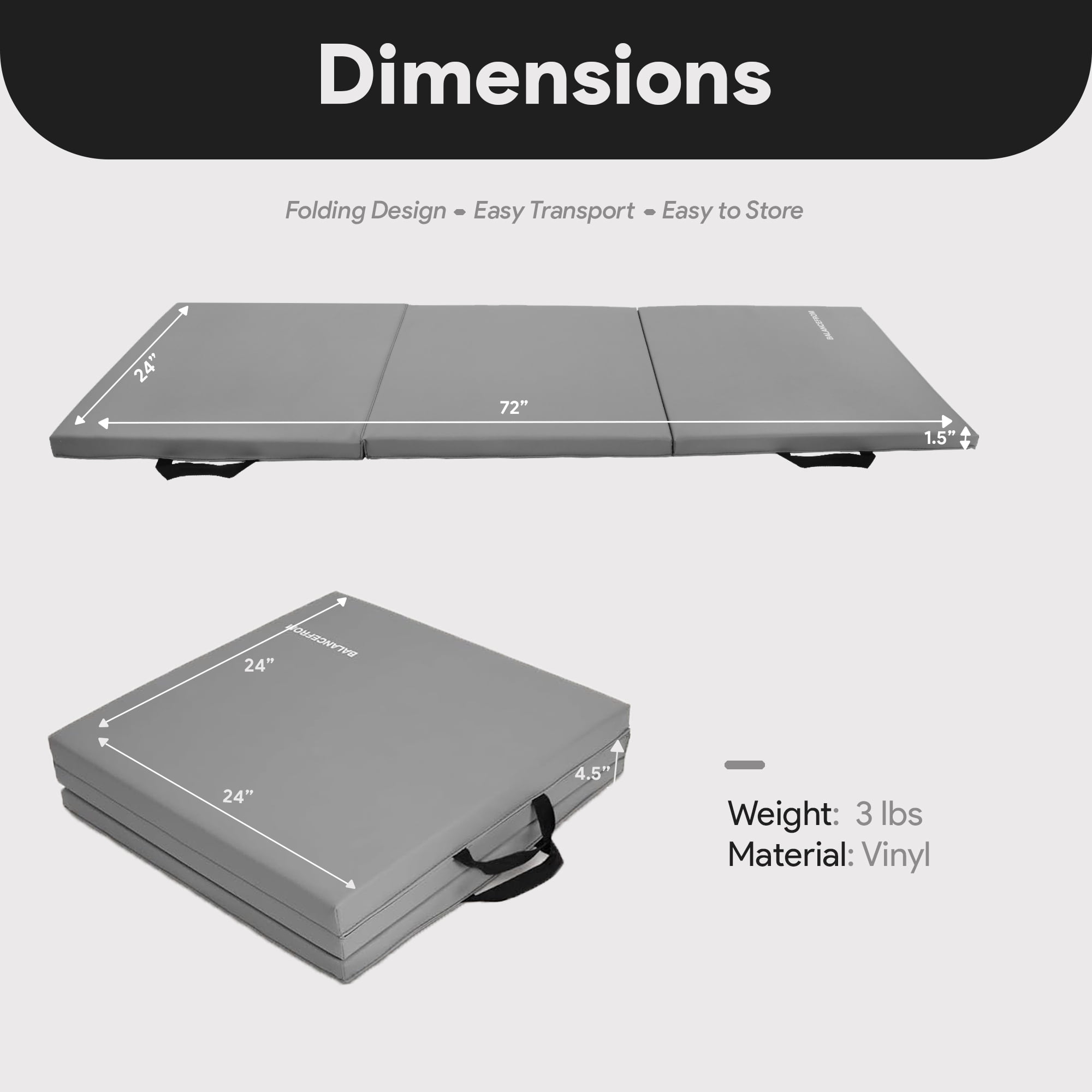 BalanceFrom Fitness GoGym 6 'x 2' x 1.5" Folding Exercise Gym Mat, Gray