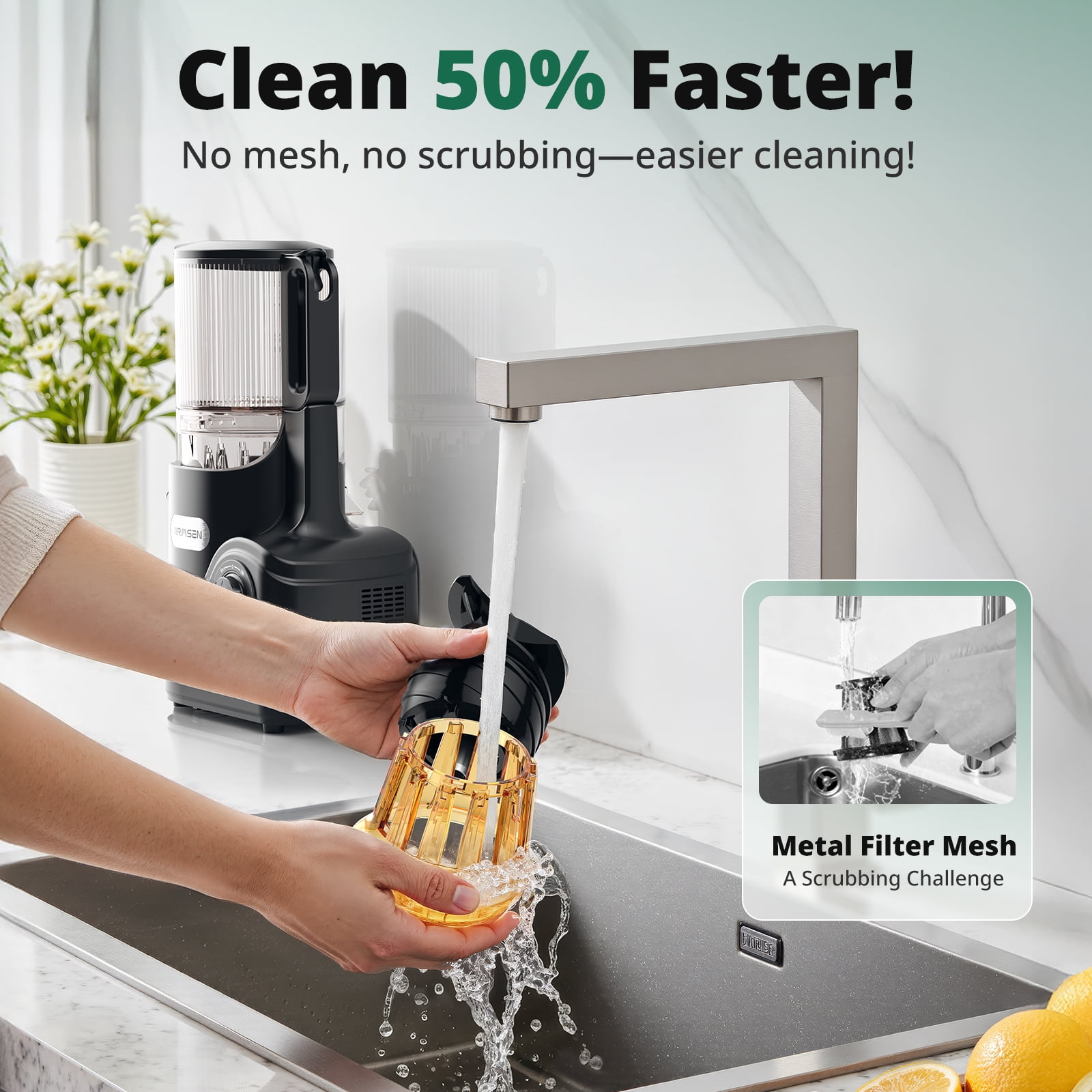 AIRMSEN Cold Press Juicer Machine with 6" Wide Feed Chute, 300W Slow Masticating Juicer, Easy-to-Clean Electric Juicer for Whole Fruits and Vegetables, BPA-Free, Black