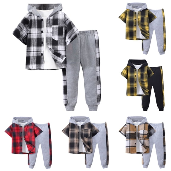 Godom Toddler Boy Clothes Spring Summer 2 Piece Outfit Boys 5T Clothes Short Sleeve Plaid Color Collision Hooded Pants Sets,Grey