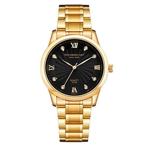 IP Gold Plating Steel Roman Numeral Dial with Rhinestones Luxury Mens Wrist Watches for Man Black 003
