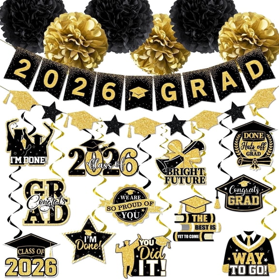 Graduation Decorations 2026,2026 Grad Banner Congrats Grad Hanging Swirls and Tissue Pom Poms,Black and Gold Graduation Decorations for Class of 2026 College Graduations Party Decorations