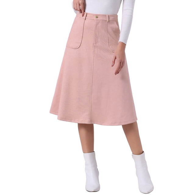 Falda midi A-line de ante sintético elástico para mujer con bolsillos y cinturón, edición INSPIRE CHIC, color rosa