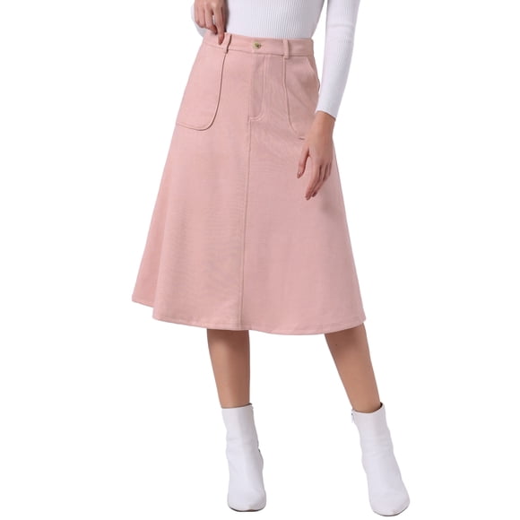 Falda midi A-line de ante sintético elástico para mujer INSPIRE CHIC con bolsillos y cinturón XL rosa