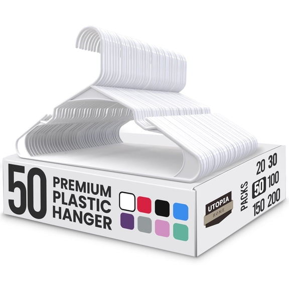Utopia Home - Plastic Hangers 50 Pack - Space Saving Clothes Hanger - Durable and Strong Closet Organizers and Storage Makes It Ideal Stocking Stuffers or Apartment or Dorm Room Essentials White
