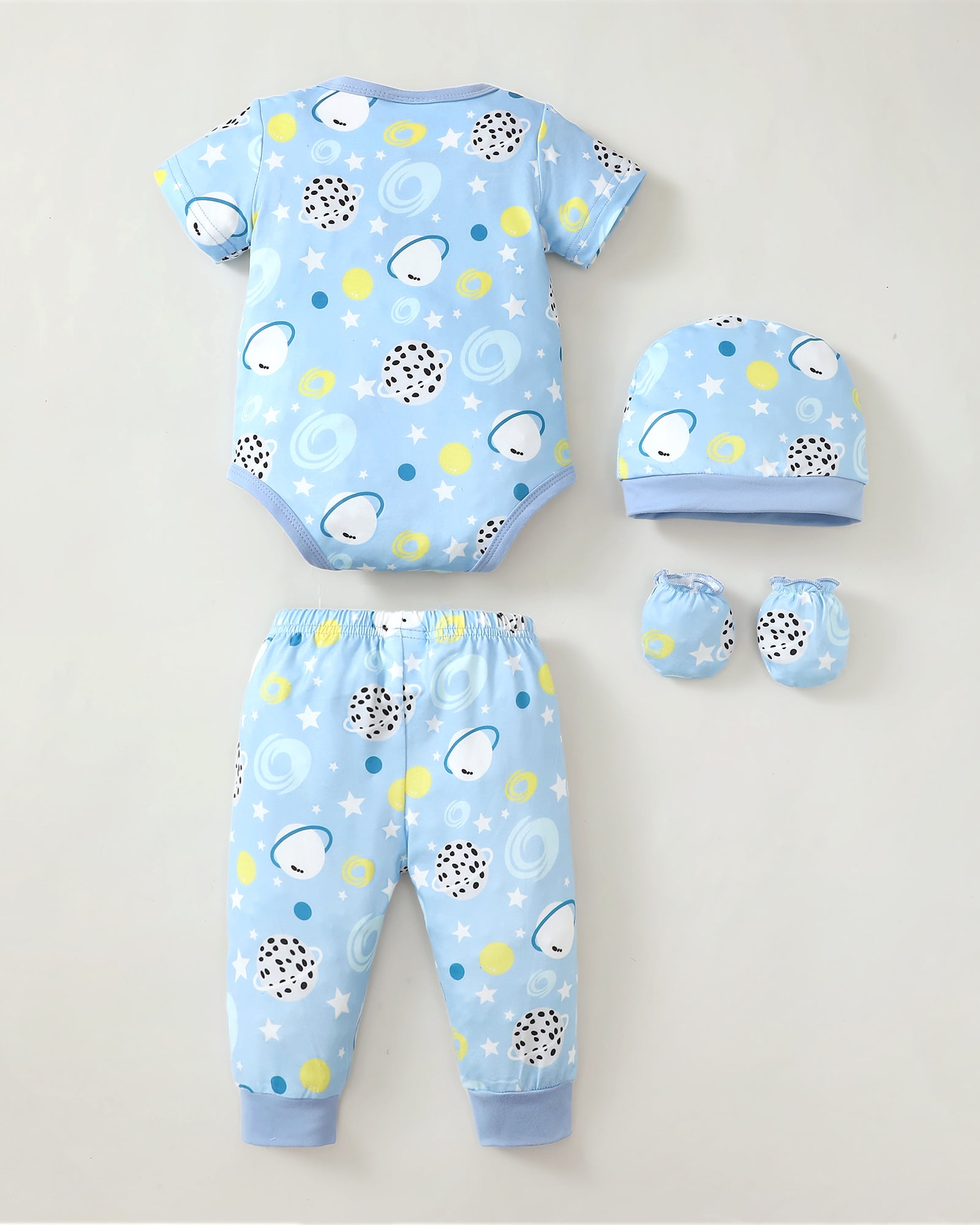 KIMI BEAR Newborn Baby Boys Outfits Sets 4 Packs 0-3 Months Summer Clothes Sets Short Sleeves Romper Top Elastic Pants with Hats and Gloves 16pcs Layette Essentials Blue