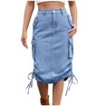 thumbnail image 2 of Aueoeo Women's Casual Denim Skirt Mid Rise Button Up Frayed Skirt Hem Denim Jean Midi Skirt Cargo Stretchy Y2k Fashion Skirt, 2 of 8