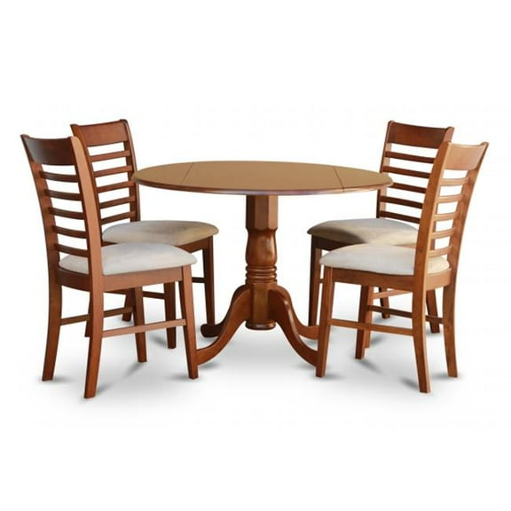 East West Furniture DLML5-SBR-C 5PC Kitchen Round Table with 2 Drop Leaves and 4 Ladder-back Chairs with Microfiber Upholstered Seat