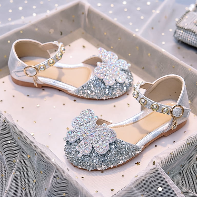 Linfrsh Girls Dress Up Shoes Girls Dress Shoes Mary Jane Wedding Party Shoes Glitter Bridesmaids Princess Heels(Silver,Size0.67)