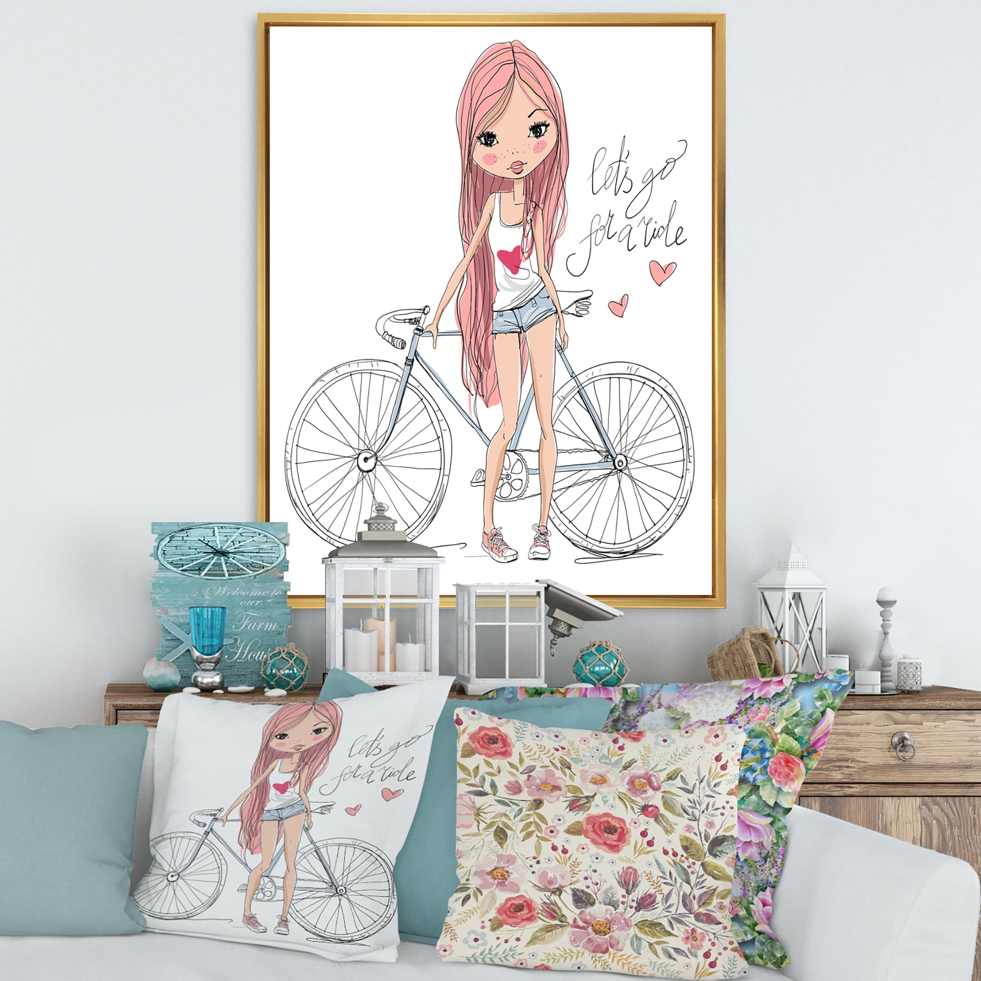 Designart 'Young Woman With Bicycle' Children's Art Framed Canvas Wall Art Print