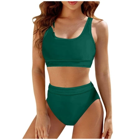 RUTAYY Swimwear Women High Waisted Bikini Sets Sporty 2PCS Swimsuits Color Block High Cut Bathing Suits Tropical Beachwear