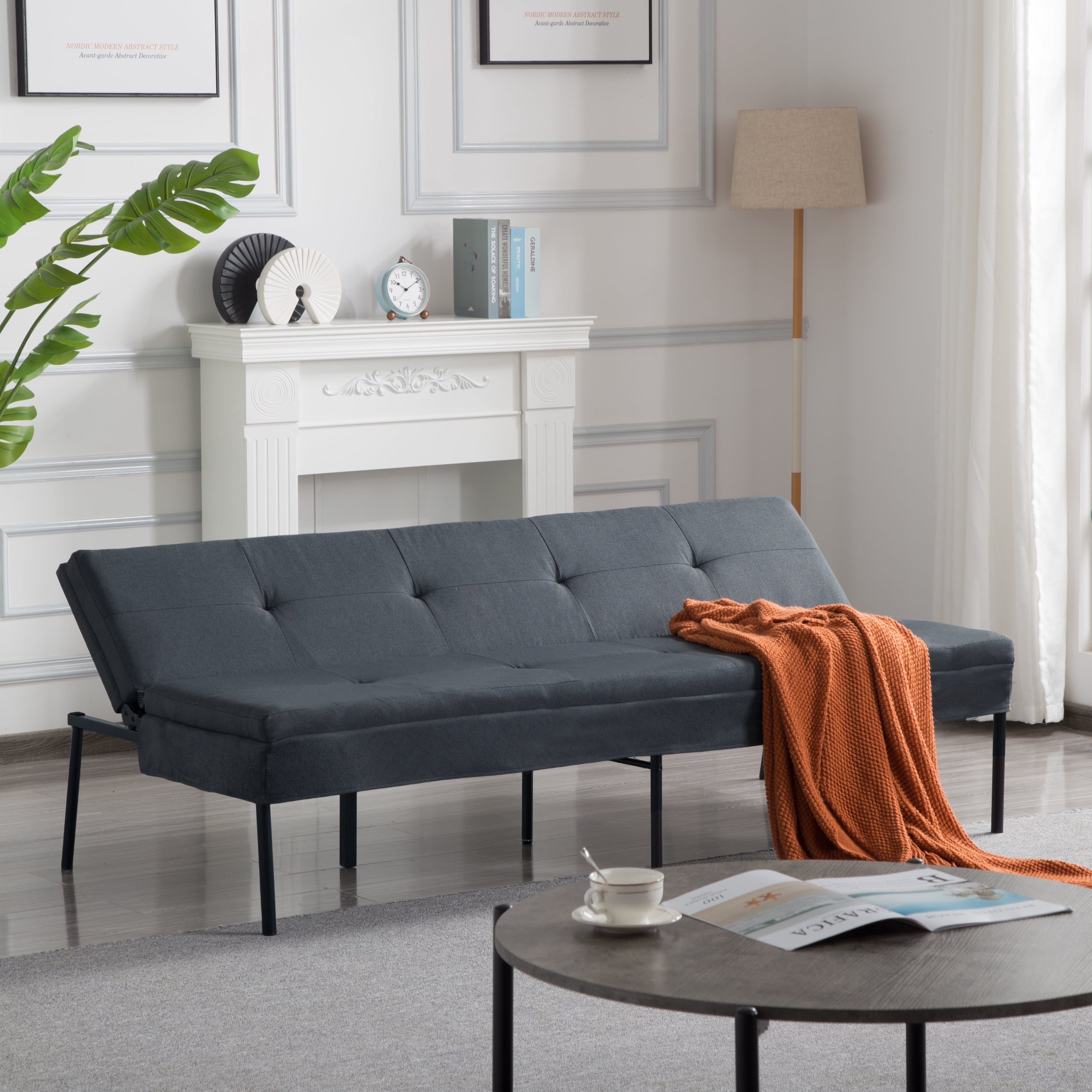 BSHTI 69.88" Futon Sofa Bed with 5 Adjustable Positions – Polyester Fabric Convertible Sleeper Couch with Iron Frame, Clean-Lined Modern Design for Living Room, Apartment, Office, Dormitory,Dark Gray