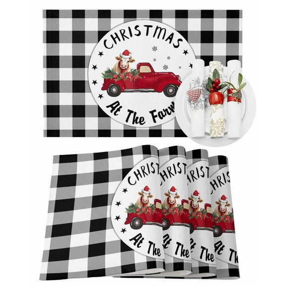 Christmas at The Farm Placemats Set of 1 Xmas Truck Cow White Black Plaid Country Heat Insulation Washable Place Mats, Rustic Non-Slip Table Mats for Dining Table Party Kitchen Decor,13x19 Inch