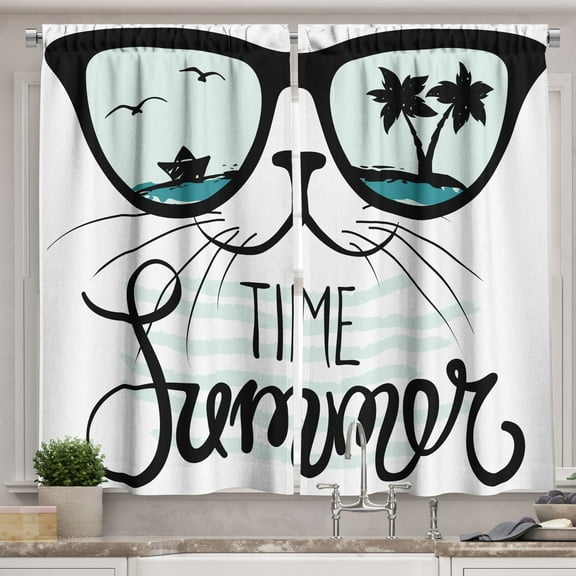 Ambesonne Animal Kitchen Curtains, Hipster Cat with Palms, 55"x39", Almond Green Black Teal