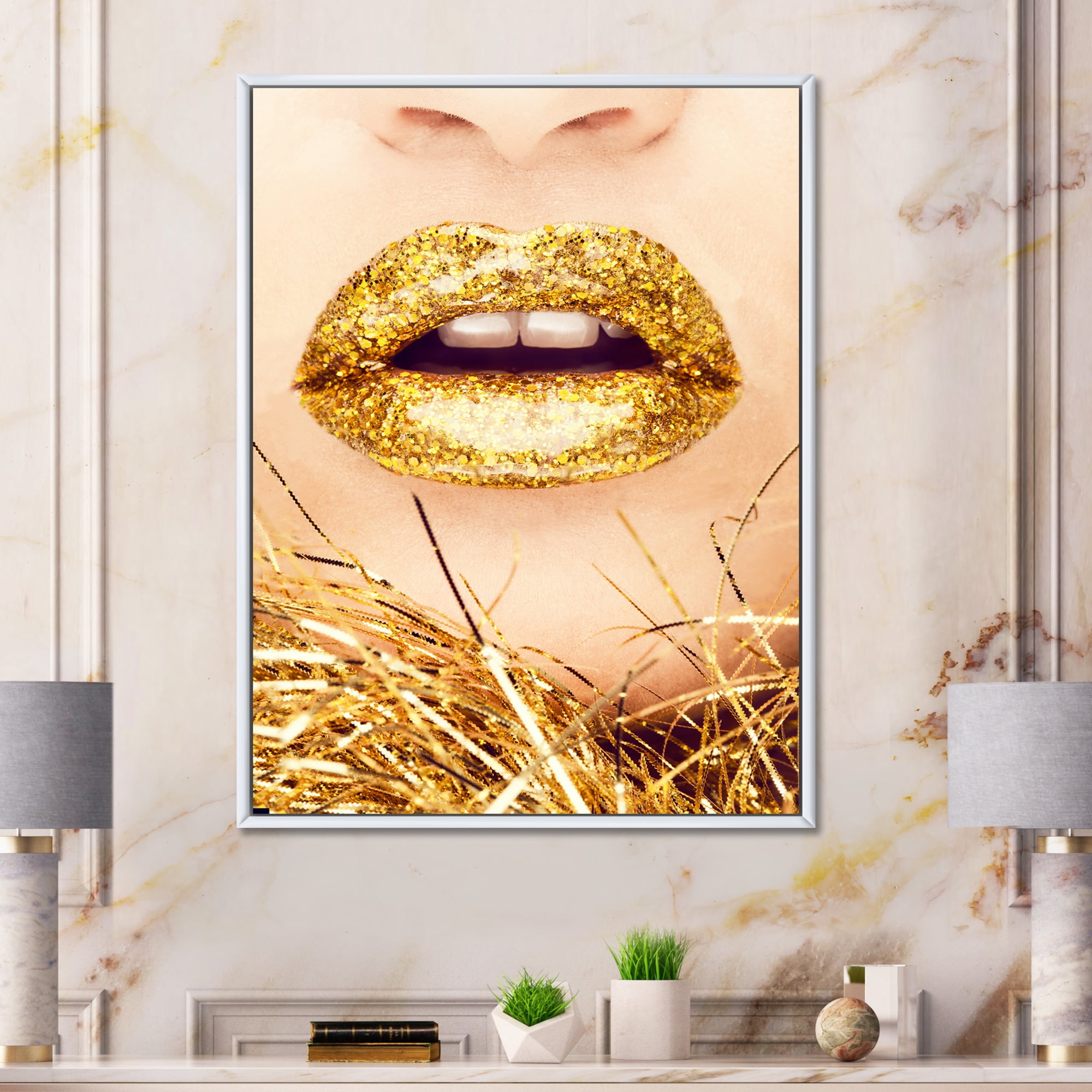 Designart 'Close-Up Of Golden Female Lips I' Modern Framed Canvas Wall Art Print