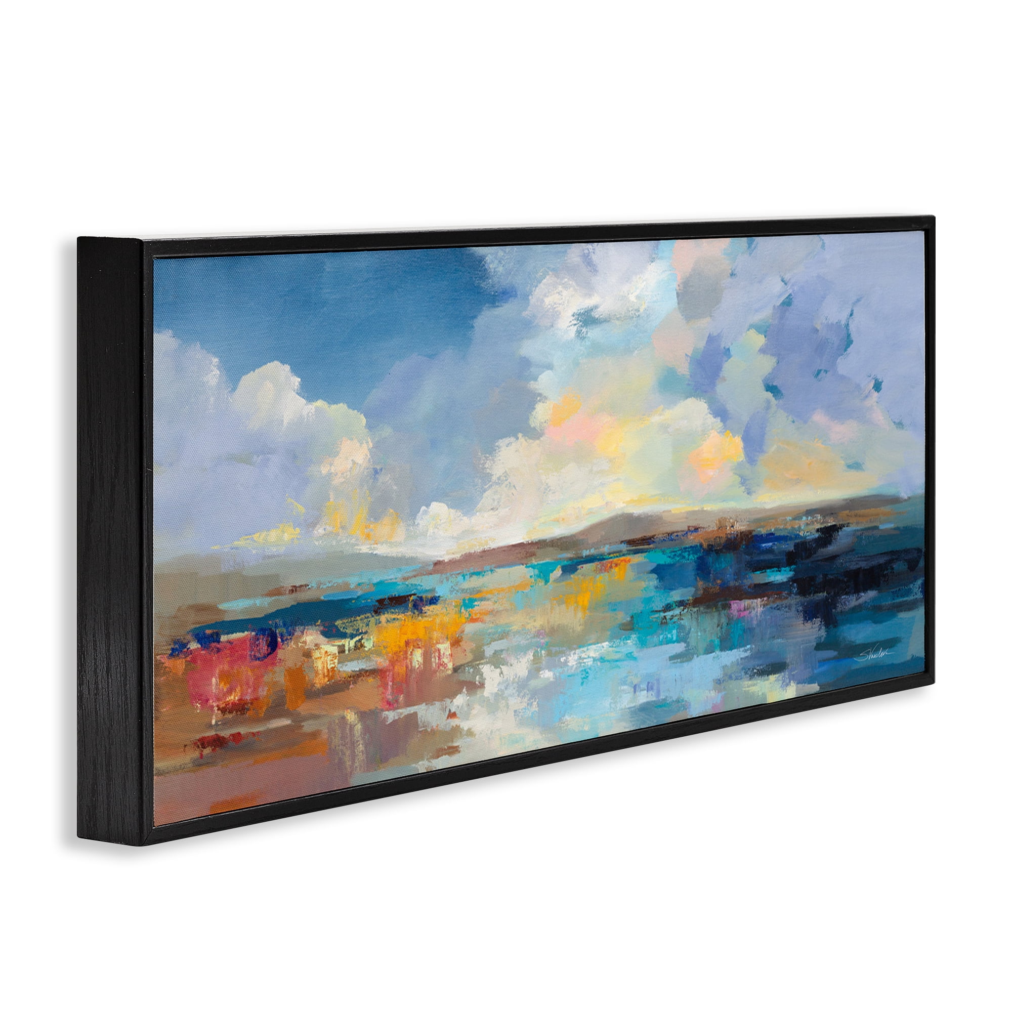 Stupell Industries Seaside Sunset Abstract Landscape Painting Black Framed Art Print Wall Art, 30 x 13