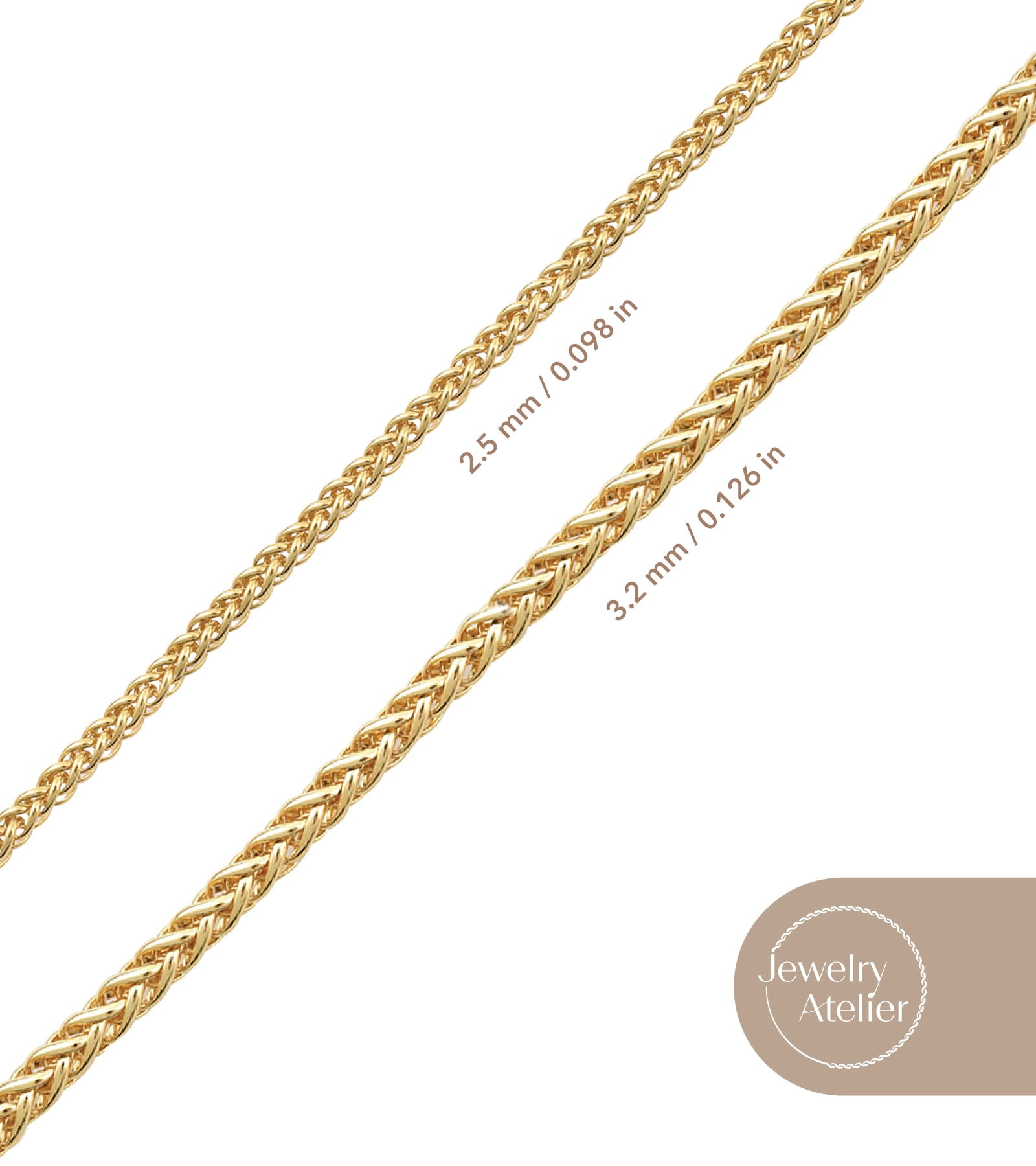 Jewelry Atelier Gold Chain Necklace Collection - 14K Solid Yellow Gold Filled Round Wheat/Palm Chain Necklaces for Women and Men with Different Sizes (2.5mm, or 3.2mm)