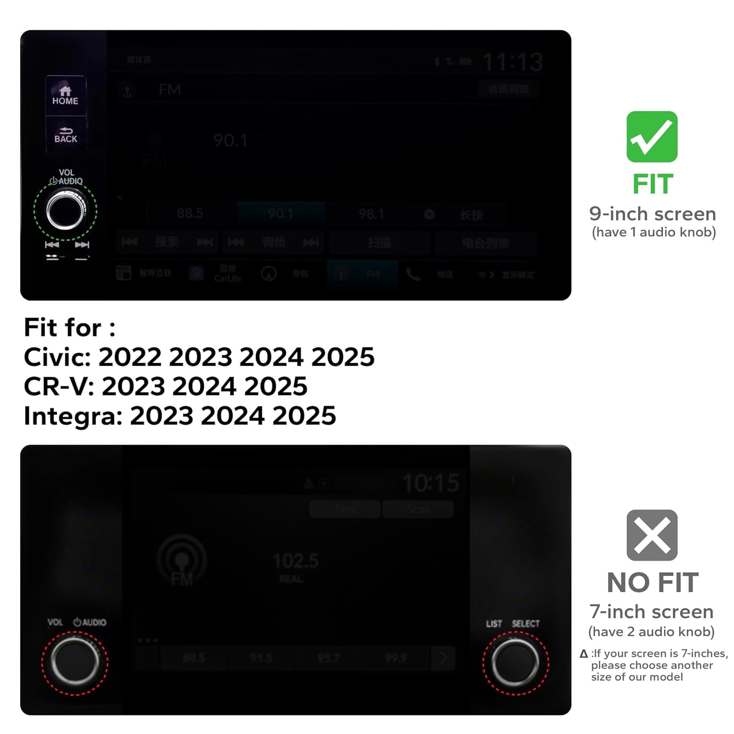 chasenew for Honda Civic 2022-2026 Accessories, CRV 2023-2026 & Acura Ingetra 2023-2025 (Fit 9" Screen/ 1 Audio Knob), 10pcs Knob Cover Kit - Push Start, Audio, AC & Air Vent (Bling)