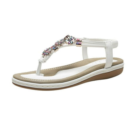 

YanHoo Clearance Thong Flat Sandals Casual Beaded Flower Rhinestone T Strap Dress Sandals Adjustable Ankle Buckle Dress Thong Sandals for Women Summer Wedding