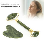Angle View: Jade green Roller & Gua Sha Face Body Facial Therapy Massager Stone Beauty Set