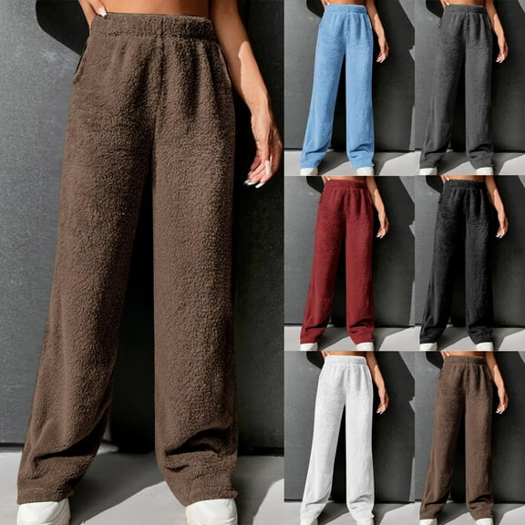 YOIAVAIOY Women Casual Pajama Pants Fuzzy Fleece Lounge Pants Baggy Comfy Trouser Pants Elastic Waist Straight Leg Pants with Pockets Brown M