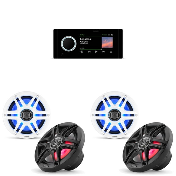 Fusion MS-RA800 Apollo Source Unit w/ ( 2 Pair ) Clarion CMS-651RGB-SWB 6.5-inch Coaxial Marine Speakers with built-in RGB illumination ( Includes White & Black Sport Grilles )