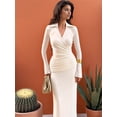 thumbnail image 4 of Womens Long Sleeve Maxi Dress Deep V Neck Ruched Bodycon Elegant Semi Formal Wedding Guest Dresses White M, 4 of 10